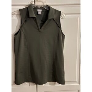 Chicos Zenergy Womens Olive Green Sleeveless Ruffle Trim V-Neck Polo Top Size S